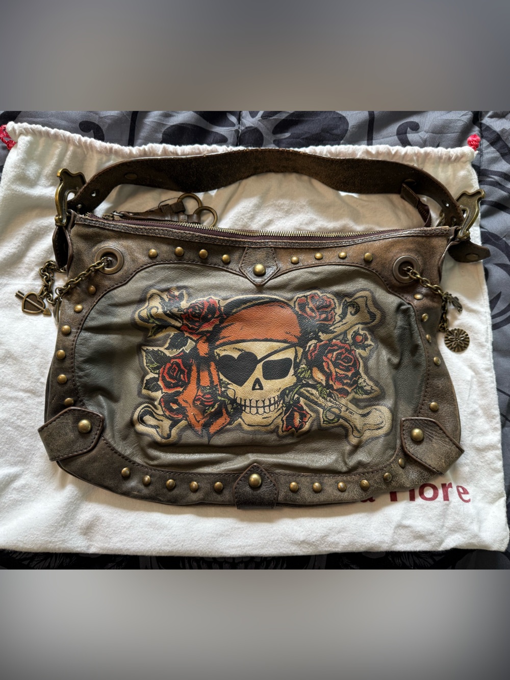 Isabella Fiore Olive Brown Leather Hobo with Skull & Red Rose Graphic